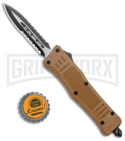 Atomic Defender Mini OTF Automatic Knife Sand Brown (2.625" Two-Tone Serr) -Knivesand Tools Shop Atomic Defender Mini OTF Auto Sand Brown TT Dagger Serr GX 37532 jr bottlecap large