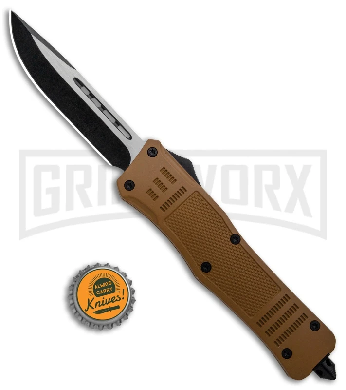 Atomic Defender Large OTF Automatic Knife Sand Brown - Two Tone Drop Point Atomic Defender Large OTF Automatic Knife Sand Brown - Two Tone Drop Point -Knivesand Tools Shop Atomic Defender Sand Brown OTF Auto TT Plain GX 33729 jr bottlecap large