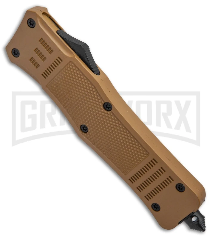 Atomic Defender Large OTF Automatic Knife Sand Brown - Two Tone Drop Point Atomic Defender Large OTF Automatic Knife Sand Brown - Two Tone Drop Point -Knivesand Tools Shop Atomic Defender Sand Brown OTF Auto TT Plain GX 33729 jr spine large