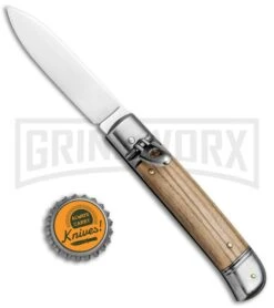 SKM 8" Italian Stiletto Lever Lock Olive Wood Automatic Knife - Polish Flat -Knivesand Tools Shop Beltrame LL Olive Wood Auto Satin BP 27021 jr bottlecap large