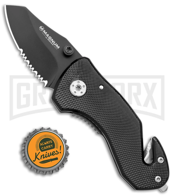 Boker Magnum Compact Rescue Black Liner Lock Knife - Black Serrated Boker Magnum Compact Rescue Black Liner Lock Knife - Black Serrated -Knivesand Tools Shop Boker Magnum Compact Rescue LL Black BHQ 40385 jr bottlecap large