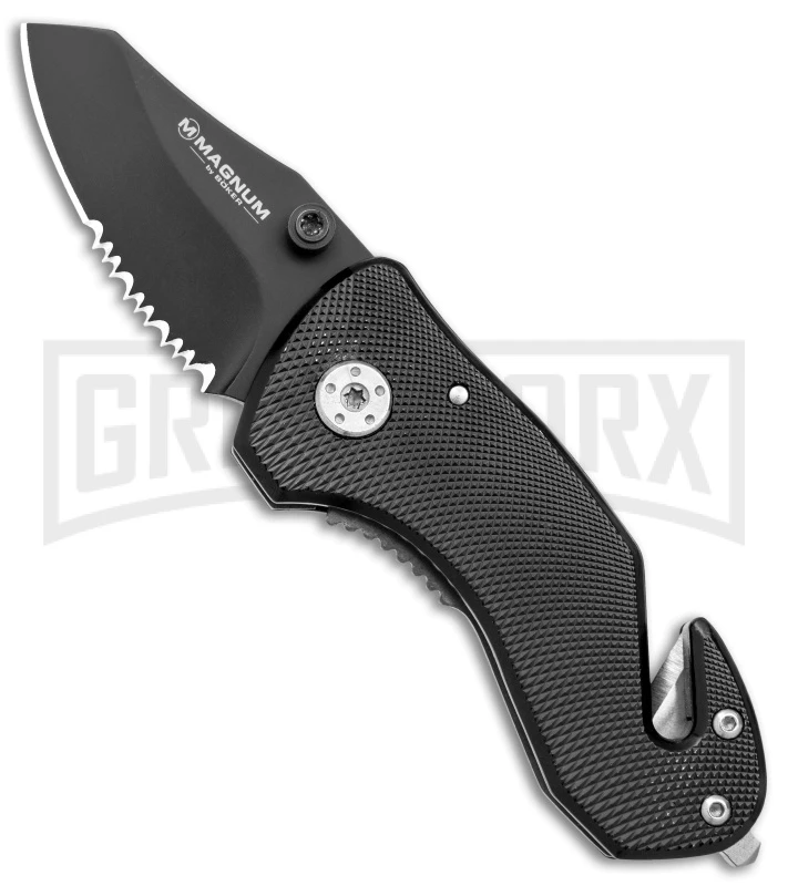 Boker Magnum Compact Rescue Black Liner Lock Knife - Black Serrated Boker Magnum Compact Rescue Black Liner Lock Knife - Black Serrated -Knivesand Tools Shop Boker Magnum Compact Rescue LL Black BHQ 40385 jr large