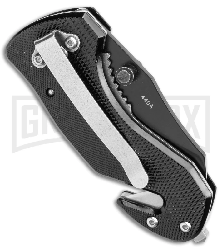 Boker Magnum Compact Rescue Black Liner Lock Knife - Black Serrated Boker Magnum Compact Rescue Black Liner Lock Knife - Black Serrated -Knivesand Tools Shop Boker Magnum Compact Rescue LL Black BHQ 40385 jr side large