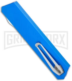 Boker USA Kwaiken OTF Automatic Knife Blue Aluminum (3.4" Satin) 06EX550 -Knivesand Tools Shop Boker USA Kwaiken OTF Auto Blue Aluminum SW 06EX550 BHQ 115742 jr side large