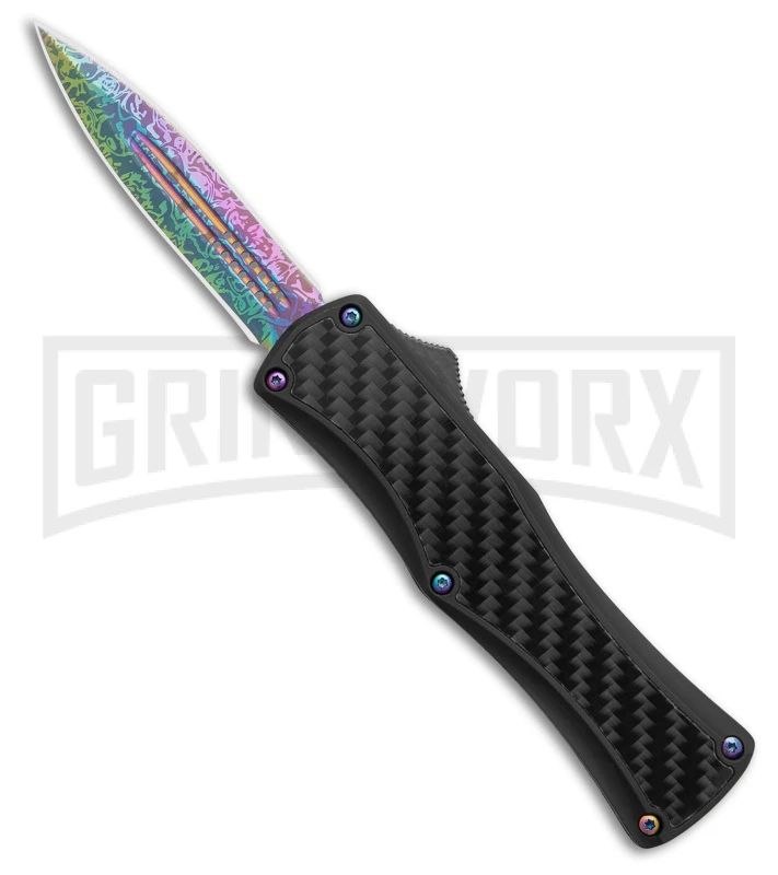 Edgeworks Carbon Fiber OTF Auto Knife Dagger - Rainbow Damascus Finish) Edgeworks Carbon Fiber OTF Auto Knife Dagger - Rainbow Damascus Finish) -Knivesand Tools Shop Edgeworks Carbon Fiber OTF Auto Knife Dagger 3in Rainbow Damascus GX 42359 td large