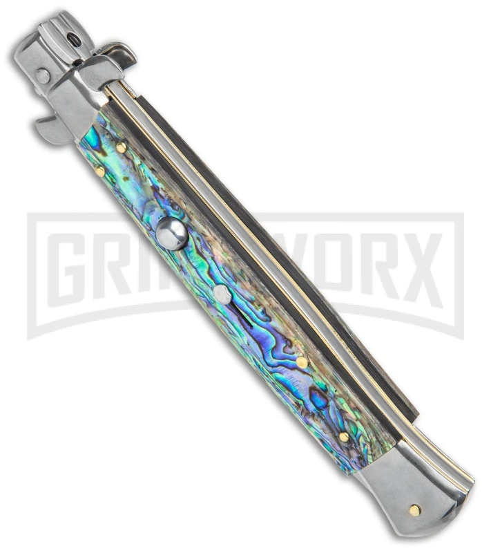 Frank B 11" Italian Stiletto Bayo Abalone Auto Knife - 5" Satin Plain Frank B 11" Italian Stiletto Bayo Abalone Auto Knife - 5" Satin Plain -Knivesand Tools Shop Frank B 11in Italian Stiletto Abalone Auto Bayo Satin GX 8291 jr spine large