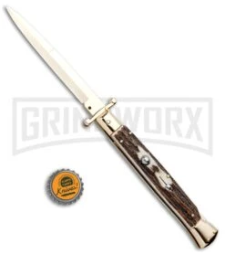 Frank B. 11" Stag Italian Stiletto Swinguard Gold Plated - Bayonet Gold -Knivesand Tools Shop Frank B 11in Italian Stiletto Swinguard Stag Gold Bayo GX 5357 jr bottlecap large