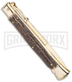 Frank B. 11" Stag Italian Stiletto Swinguard Gold Plated - Bayonet Gold -Knivesand Tools Shop Frank B 11in Italian Stiletto Swinguard Stag Gold Bayo GX 5357 jr side large