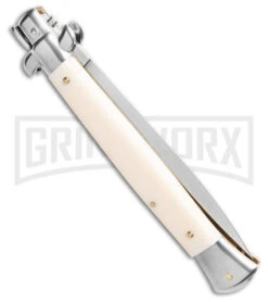 Frank B. 11" Italian Stilletto Sim Ivory Stiletto Automatic Knife - Satin Plain -Knivesand Tools Shop Frank B 11in Ivory Stiletto AK Dagger 5in Satin BHQ 187490 td side large