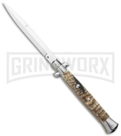 Frank B. 11" Italian Stiletto Ram Horn Automatic Knife - Bayonet