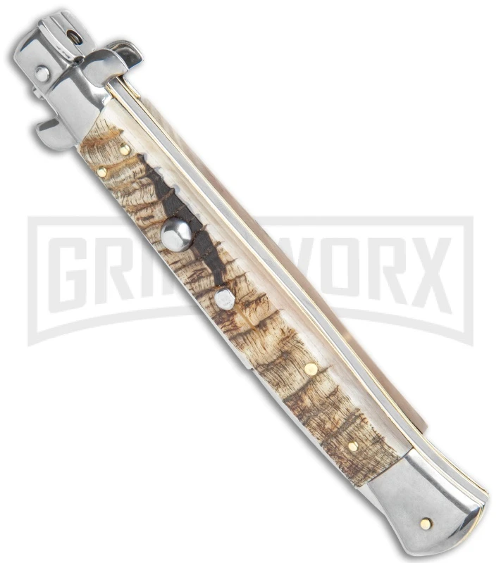 Frank B. 11" Italian Stiletto Ram Horn Automatic Knife - Bayonet Frank B. 11" Italian Stiletto Ram Horn Automatic Knife - Bayonet -Knivesand Tools Shop Frank B 11in Stiletto Ram Horn Bayo GX 9786 jr spine large