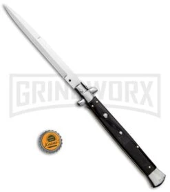 Frank B. 13" Sim Dark Horn Italian Stiletto Automatic Knife - Bayo Satin Plain -Knivesand Tools Shop Frank B 13in Italian Stiletto Bayo Auto Dark Horn Satin BHQ 124653 jr bottlecap large