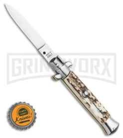 Frank B. 7.5" Italian Stiletto Stag Horn Automatic Knife - Flat Grind 5 Frank B. 7.5" Italian Stiletto Stag Horn Automatic Knife - Flat Grind -Knivesand Tools Shop Frank B 7.5 Italian Stiletto Automatic Knife Stag Horn 3.5 Satin Flat Grind BHQ 118529 LS Bottlecap large