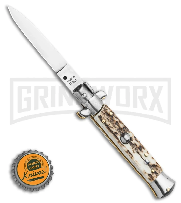 Frank B. 7.5" Italian Stiletto Stag Horn Automatic Knife - Flat Grind Frank B. 7.5" Italian Stiletto Stag Horn Automatic Knife - Flat Grind -Knivesand Tools Shop Frank B 7.5 Italian Stiletto Automatic Knife Stag Horn 3.5 Satin Flat Grind BHQ 118529 LS Bottlecap large