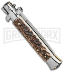 Frank B. 7.5" Italian Stiletto Stag Horn Automatic Knife - Flat Grind 4 Frank B. 7.5" Italian Stiletto Stag Horn Automatic Knife - Flat Grind -Knivesand Tools Shop Frank B 7.5 Italian Stiletto Automatic Knife Stag Horn 3.5 Satin Flat Grind BHQ 118529 LS Side large