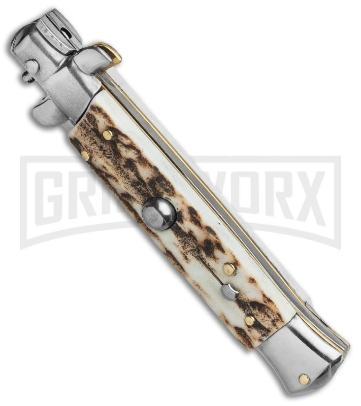 Frank B. 7.5" Italian Stiletto Stag Horn Automatic Knife - Flat Grind Frank B. 7.5" Italian Stiletto Stag Horn Automatic Knife - Flat Grind -Knivesand Tools Shop Frank B 7.5 Italian Stiletto Automatic Knife Stag Horn 3.5 Satin Flat Grind BHQ 118529 LS Spine large