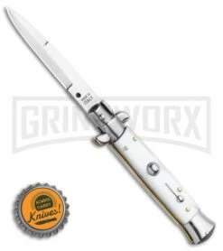 Frank B. 7.5" Italian Stiletto White Pearlex Automatic Knife - Satin Bayonet -Knivesand Tools Shop Frank B 8 Italian Stiletto White Pearlex Automatic Knife Satin Bayonet GX 18146 LS Bottlecap large