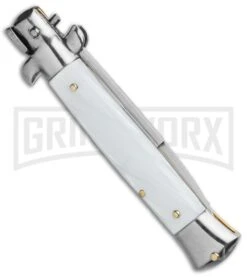Frank B. 7.5" Italian Stiletto White Pearlex Automatic Knife - Satin Bayonet -Knivesand Tools Shop Frank B 8 Italian Stiletto White Pearlex Automatic Knife Satin Bayonet GX 18146 LS Side large