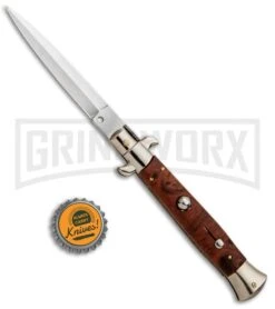 Frank B 9" Italian Stiletto Briar Wood Automatic Knife - Dagger Satin -Knivesand Tools Shop Frank B 9in Italian Stiletto Briar Wood Auto Dagger BP 30454 jr bottlecap large