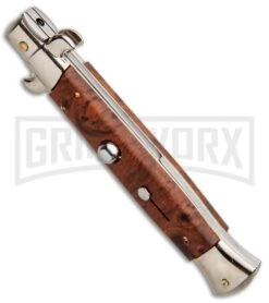 Frank B 9" Italian Stiletto Briar Wood Automatic Knife - Dagger Satin -Knivesand Tools Shop Frank B 9in Italian Stiletto Briar Wood Auto Dagger BP 30454 jr spine large