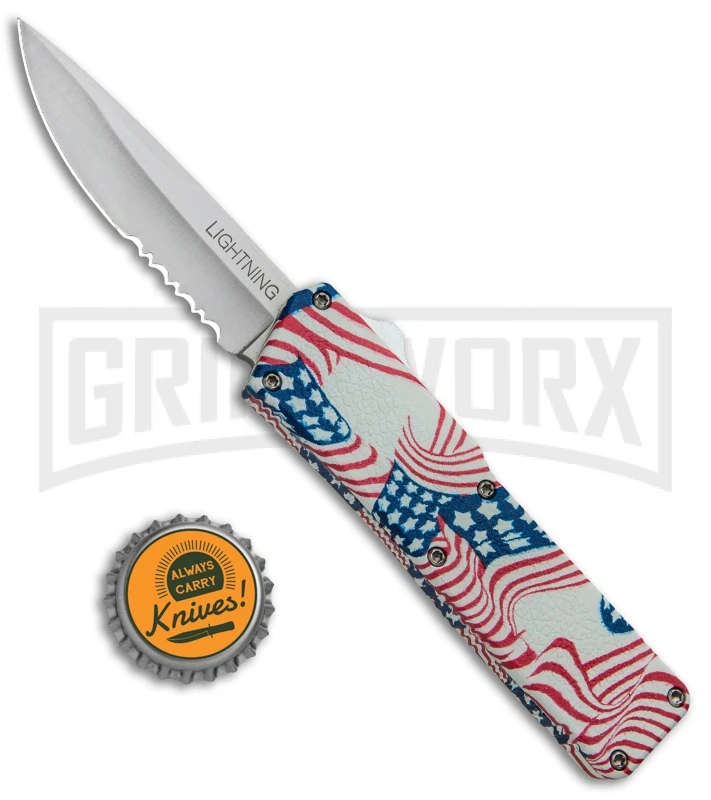 Lightning American Flag D/A OTF Automatic Knife - Satin Serr Lightning American Flag D/A OTF Automatic Knife - Satin Serr -Knivesand Tools Shop Lightning American Flag DA OTF Auto Satin Serr GX 33331 jr bottlecap large