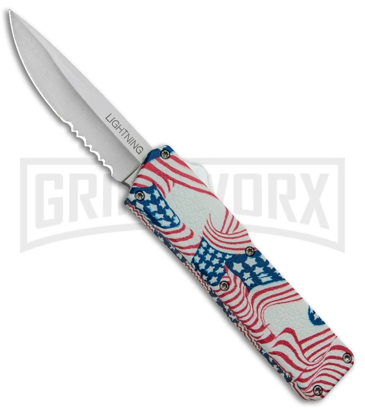 Lightning American Flag D/A OTF Automatic Knife - Satin Serr Lightning American Flag D/A OTF Automatic Knife - Satin Serr -Knivesand Tools Shop Lightning American Flag DA OTF Auto Satin Serr GX 33331 jr large