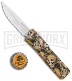 Lightning Skull Camo D/A OTF Automatic Knife - Satin Serr -Knivesand Tools Shop Lightning Skull DA DP OTF Auto Satin Serr GX 33339 jr bottlecap large