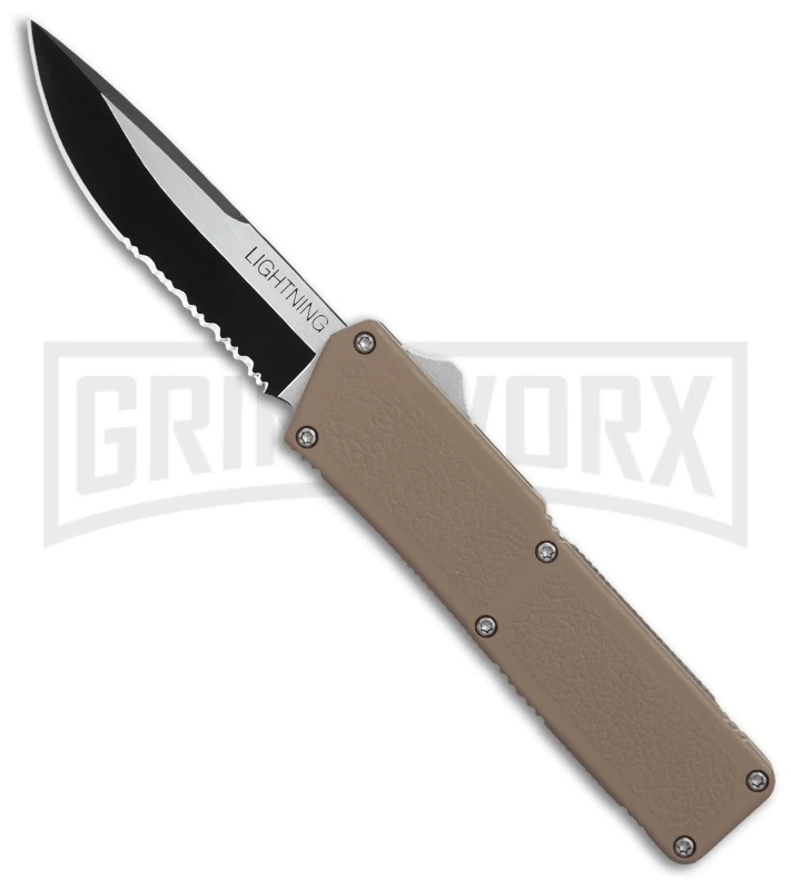 Lightning Tan D/A OTF Automatic Knife - Two-Tone Serr Lightning Tan D/A OTF Automatic Knife - Two-Tone Serr -Knivesand Tools Shop Lightning Tan DA OTF Auto TT Serr GX 31873 jr large