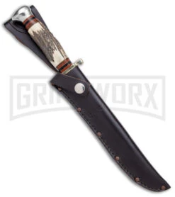 Linder Arkansas Toothpick Bowie Brown/White Fixed Blade Knife - Polished Plain -Knivesand Tools Shop Linder Arkansas Toothpick Bowie Fixed Blade Stag Polished GX 9094 jr sheath large