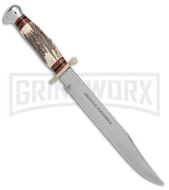 Linder Arkansas Toothpick Bowie Brown/White Fixed Blade Knife - Polished Plain -Knivesand Tools Shop Linder Arkansas Toothpick Bowie Fixed Blade Stag Polished GX 9094 jr spine large