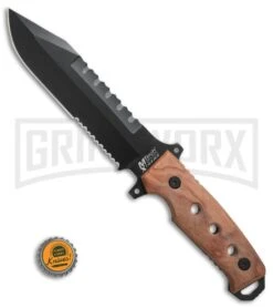 M-Tech Xtreme Stingray Wood Fixed Blade Knife - Black Serr -Knivesand Tools Shop M Tech Xtreme Stingray wood black serr BHQ 58228 er bottlecap large