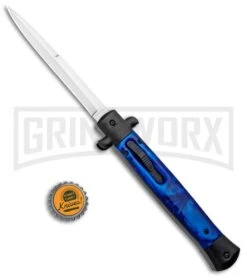 Mago 11" Blue/Black Italian Stiletto OTF Automatic Knife - Bayo Satin -Knivesand Tools Shop Mago 11in Blue Black Italian Stiletto Bayo Satin GX 33970 jr bottlecap large