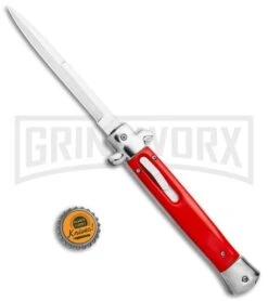 Mago 11" Bayonet Italian Stiletto OTF Knife Red W/Polished Bolster - Satin Plain -Knivesand Tools Shop Mago 11in Red Bayo Italian Stiletto OTF Auto Satin Silver Boster GX 36174 jr bottlecap large