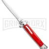 Mago 11" Bayonet Italian Stiletto OTF Knife Red W/Polished Bolster - Satin Plain -Knivesand Tools Shop Mago 11in Red Bayo Italian Stiletto OTF Auto Satin Silver Boster GX 36174 jr large