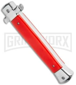 Mago 11" Bayonet Italian Stiletto OTF Knife Red W/Polished Bolster - Satin Plain -Knivesand Tools Shop Mago 11in Red Bayo Italian Stiletto OTF Auto Satin Silver Boster GX 36174 jr side large