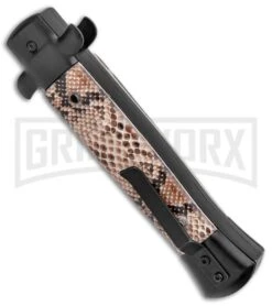 Mago 9" Diamondback Black Italian Stiletto OTF Automatic Bayo (3.8" Satin) -Knivesand Tools Shop Mago 9in Diamondback Black Italian Stiletto OTF Auto Bayo Satin GX 37365 jr side large