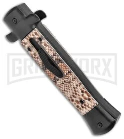 Mago 9" Diamondback Black Italian Stiletto OTF Automatic Bayo (3.8" Satin) -Knivesand Tools Shop Mago 9in Diamondback Black Italian Stiletto OTF Auto Bayo Satin GX 37365 jr spine large