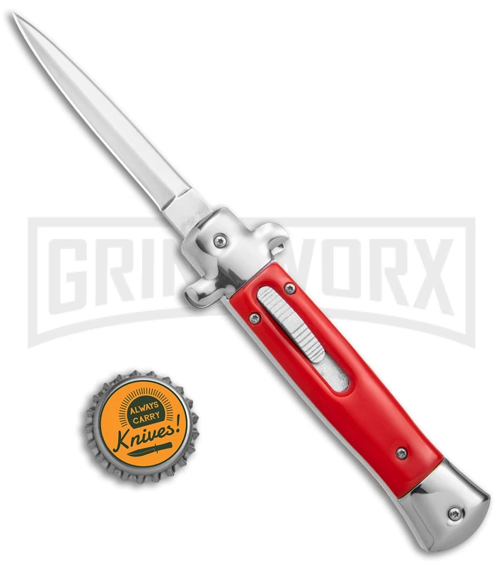 Mago 9" Red Italian Stiletto OTF Automatic - Dagger Satin Plain w/o Clip Mago 9" Red Italian Stiletto OTF Automatic - Dagger Satin Plain W/o Clip -Knivesand Tools Shop Mago 9in Red Stiletto OTF Auto Dagger Satin GX 38916 jr bottlecap large
