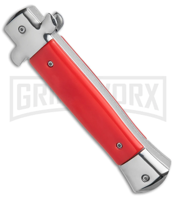 Mago 9" Red Italian Stiletto OTF Automatic - Dagger Satin Plain w/o Clip Mago 9" Red Italian Stiletto OTF Automatic - Dagger Satin Plain W/o Clip -Knivesand Tools Shop Mago 9in Red Stiletto OTF Auto Dagger Satin GX 38916 jr side large