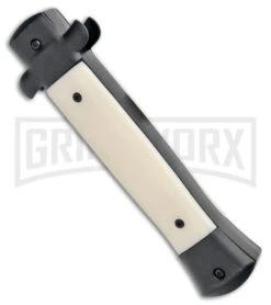 Mago 9" Sim Ivory Italian Stiletto OTF Auto Knife Black Bolsters (Satin Bayo) -Knivesand Tools Shop Mago 9in Sim Ivory Italian Stiletto OTF Black Bolsters Bayo Satin GX 33952 jr side large