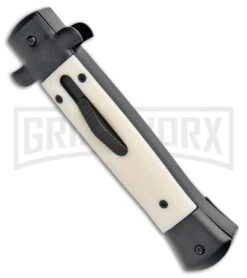 Mago 9" Sim Ivory Italian Stiletto OTF Auto Knife Black Bolsters (Satin Bayo) -Knivesand Tools Shop Mago 9in Sim Ivory Italian Stiletto OTF Black Bolsters Bayo Satin GX 33952 jr spine large