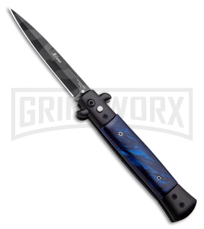 Milano 9" Stiletto Blue Acrylic Automatic Knife - Bayonet Zebra Stripe Milano 9" Stiletto Blue Acrylic Automatic Knife - Bayonet Zebra Stripe -Knivesand Tools Shop Milano 9 Stiletto Blue Acrylic Automatic Knife Bayonet Zebra GX 33719 ns large
