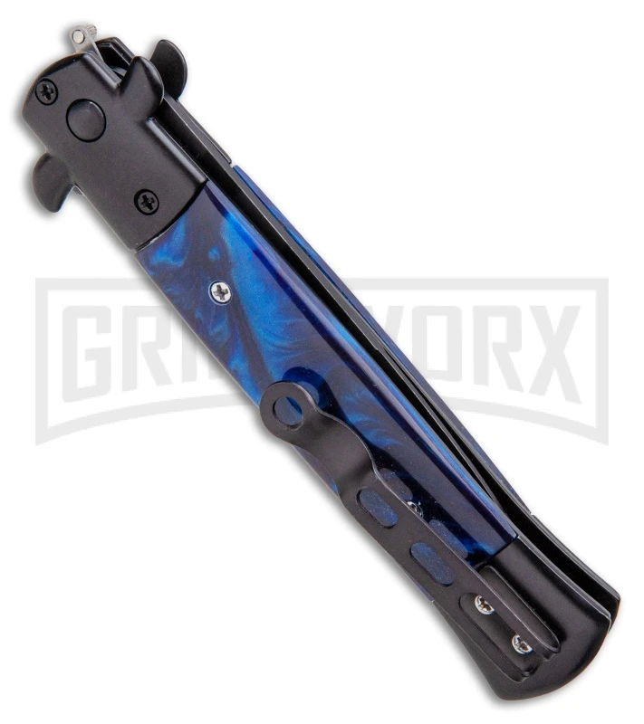 Milano 9" Stiletto Blue Acrylic Automatic Knife - Bayonet Zebra Stripe Milano 9" Stiletto Blue Acrylic Automatic Knife - Bayonet Zebra Stripe -Knivesand Tools Shop Milano 9 Stiletto Blue Acrylic Automatic Knife Bayonet Zebra GX 33719 ns side large
