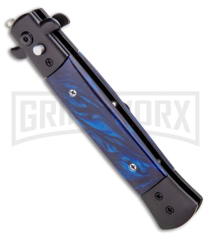 Milano 9" Stiletto Blue Acrylic Automatic Knife - Bayonet Zebra Stripe Milano 9" Stiletto Blue Acrylic Automatic Knife - Bayonet Zebra Stripe -Knivesand Tools Shop Milano 9 Stiletto Blue Acrylic Automatic Knife Bayonet Zebra GX 33719 ns spine large
