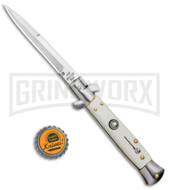 Milano 9" White Italian Style Automatic Knife - Bayonet Satin Milano 9" White Italian Style Automatic Knife - Bayonet Satin -Knivesand Tools Shop Milano 9in Italian Stiletto White Auto Bayo BP 8672 jr bottlecap large