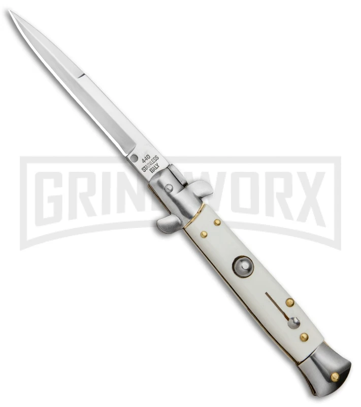 Milano 9" White Italian Style Automatic Knife - Bayonet Satin Milano 9" White Italian Style Automatic Knife - Bayonet Satin -Knivesand Tools Shop Milano 9in Italian Stiletto White Auto Bayo BP 8672 jr large