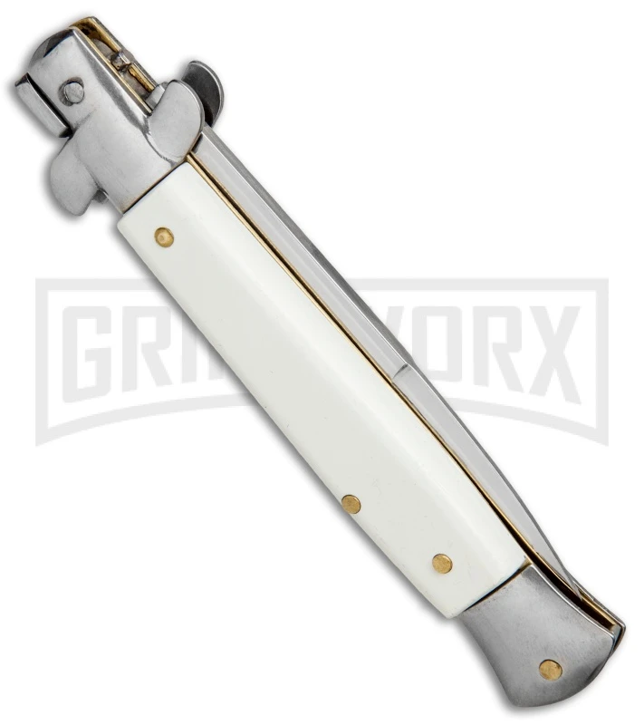 Milano 9" White Italian Style Automatic Knife - Bayonet Satin Milano 9" White Italian Style Automatic Knife - Bayonet Satin -Knivesand Tools Shop Milano 9in Italian Stiletto White Auto Bayo BP 8672 jr side large