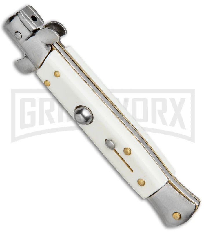 Milano 9" White Italian Style Automatic Knife - Bayonet Satin Milano 9" White Italian Style Automatic Knife - Bayonet Satin -Knivesand Tools Shop Milano 9in Italian Stiletto White Auto Bayo BP 8672 jr spine large