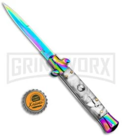Milano 9" Italian Stiletto White Swirl Automatic Knife - Bayonet Spectrum -Knivesand Tools Shop Milano 9in Italian Stiletto White Swirl Auto Bayo Spectrum GSE019RBMWT GX 33537 jr bottlecap large