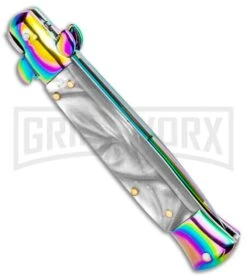 Milano 9" Italian Stiletto White Swirl Automatic Knife - Bayonet Spectrum -Knivesand Tools Shop Milano 9in Italian Stiletto White Swirl Auto Bayo Spectrum GSE019RBMWT GX 33537 jr side large